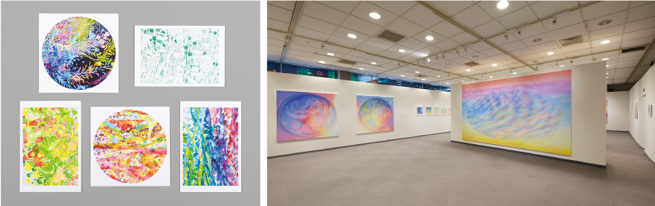写真左:ポストカードなどの販売アイテムも作成/写真右: MGG「曽谷朝絵展“Topia”」での原画展示の様子